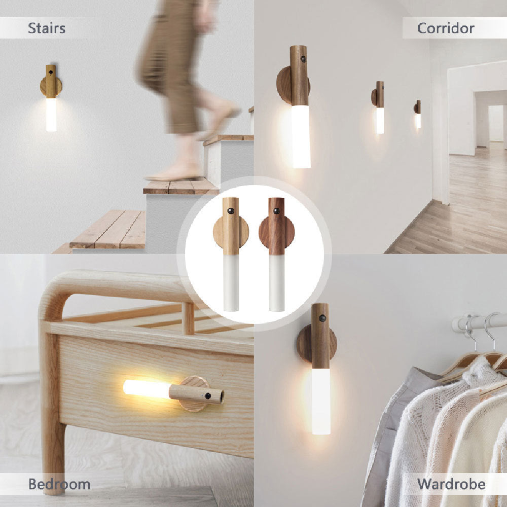 Magnetic Wooden LED Wall Light with Motion Sensor - USB Rechargeable Night Lamp