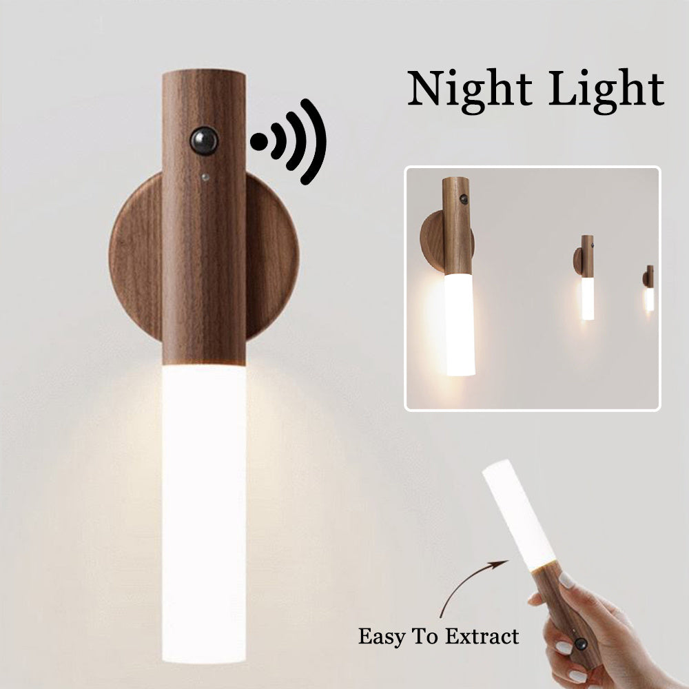 Magnetic Wooden LED Wall Light with Motion Sensor - USB Rechargeable Night Lamp