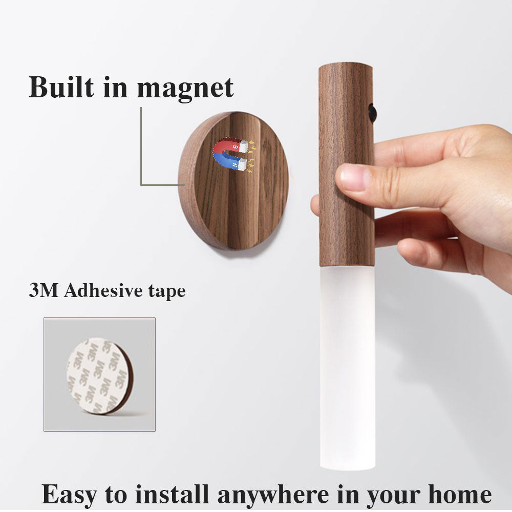 Magnetic Wooden LED Wall Light with Motion Sensor - USB Rechargeable Night Lamp